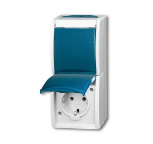 Busch-Jäger 20-02 EWN-53 ocean® (IP 44), SCHUKO® Steckdosen, Steckdose mit Klappdeckel u. Beschriftungsfeld, senkrecht, 2-fach, grau/blaugrün (2084-0-0702)