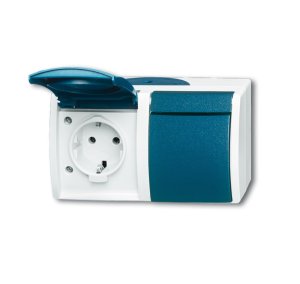Busch-Jäger 20/2 EW-53 ocean® (IP 44), SCHUKO® Steckdosen, Steckdose mit Klappdeckel, waagerecht, 2-fach, grau/blaugrün (2084-0-0699)