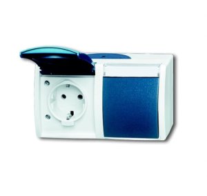 Busch-Jäger 20/2 EWN-53 ocean® (IP 44), SCHUKO® Steckdosen, Steckdose mit Klappdeckel u. Beschriftungsfeld, waagerecht, 2-fach, grau/blaugrün (2084-0-0703)